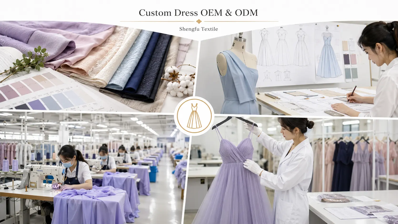 Collage of fabric swatches, dress design sketches, a lavender gown on a mannequin, and a sewing workshop—illustrating custom dress oem/odm production.