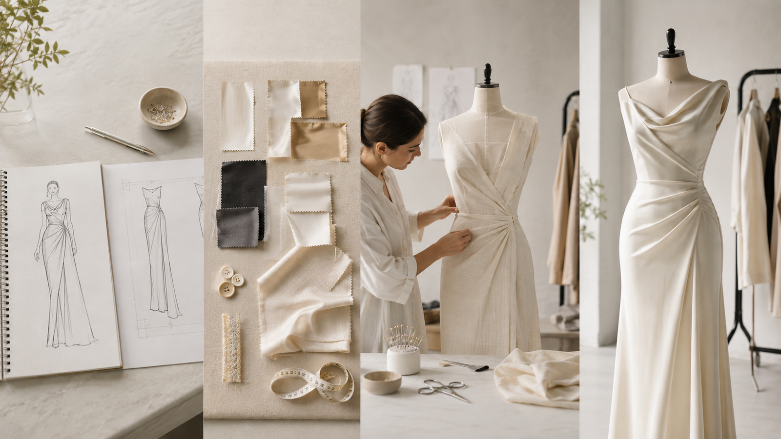 how to Custom Dresses in shengfu 1 – SHENGFU TEXTILE Fashion design custom dresses workspace collage: sketches, fabric swatches, buttons, and a seamstress fitting a dress on a mannequin nearby.