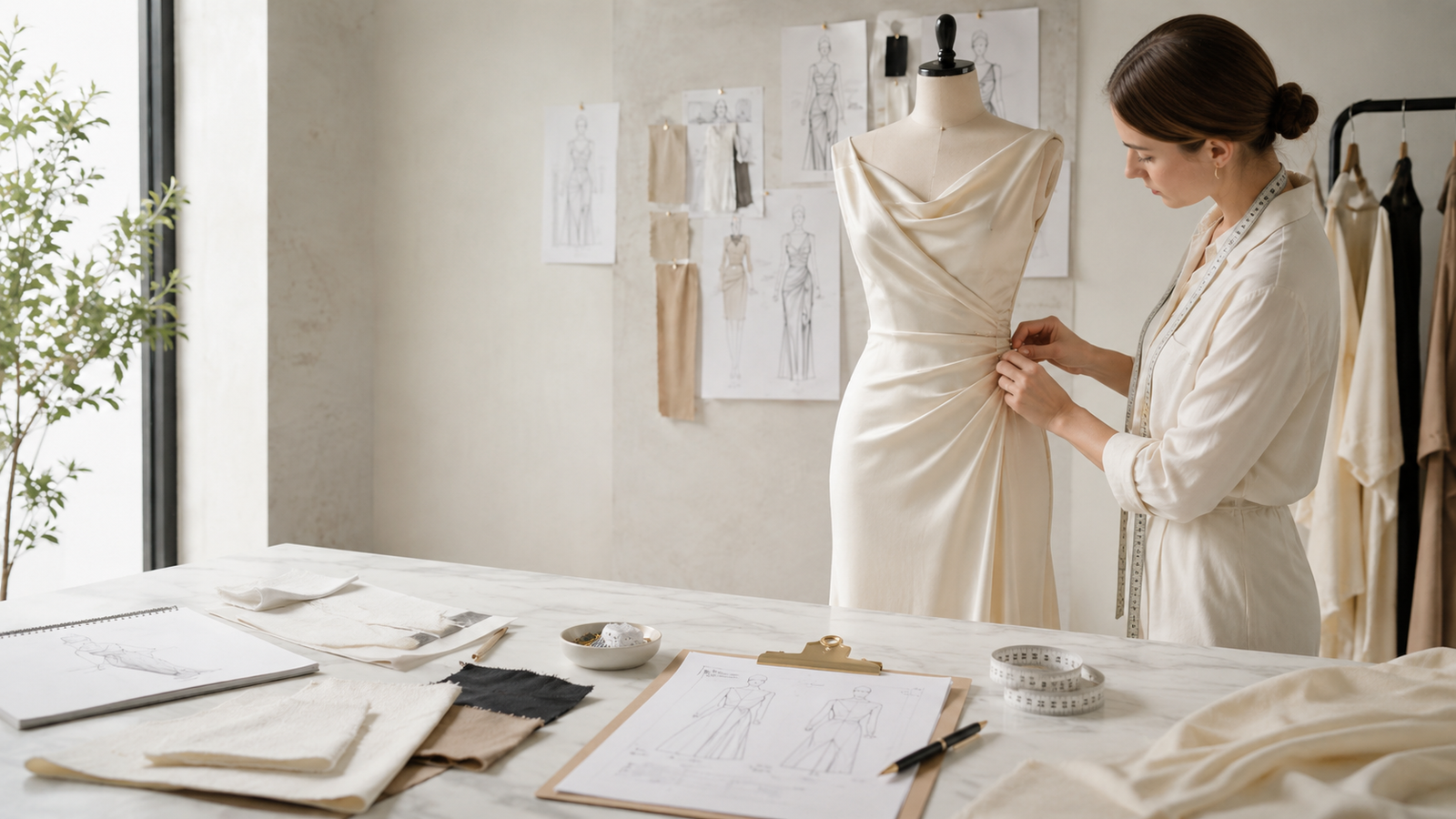 Fashion designer adjusting a cream satin gown on a dress form in a bright studio with sketches pinned to the wall behind.
