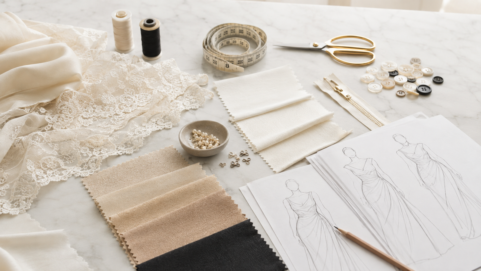 how to Custom Dresses in shengfu 3 – SHENGFU TEXTILE Sewing and fashion design workspace with lace fabric, thread spools, measuring tape, scissors, buttons, and dress sketches on a marble surface.