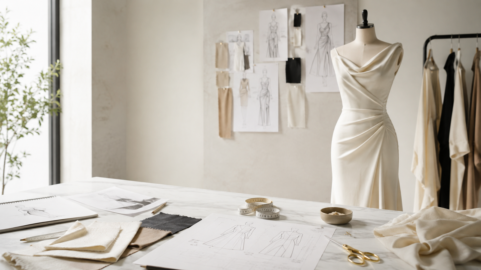 how to Custom Dresses in shengfu 4 – SHENGFU TEXTILE Designer's studio with a white draped dress on a mannequin, fabric swatches, measuring tape, and fashion sketches on the table.