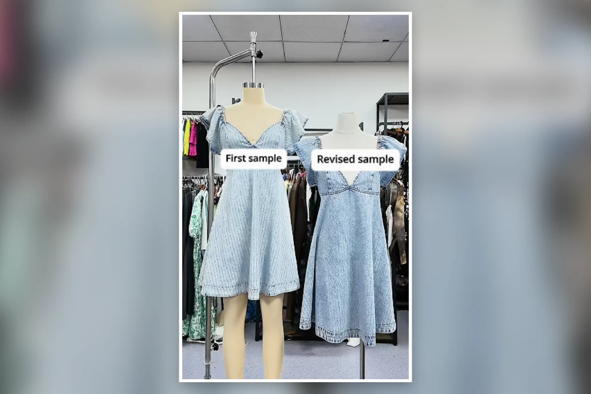 First and revised blue dress prototypes displayed side by side at Shengfu