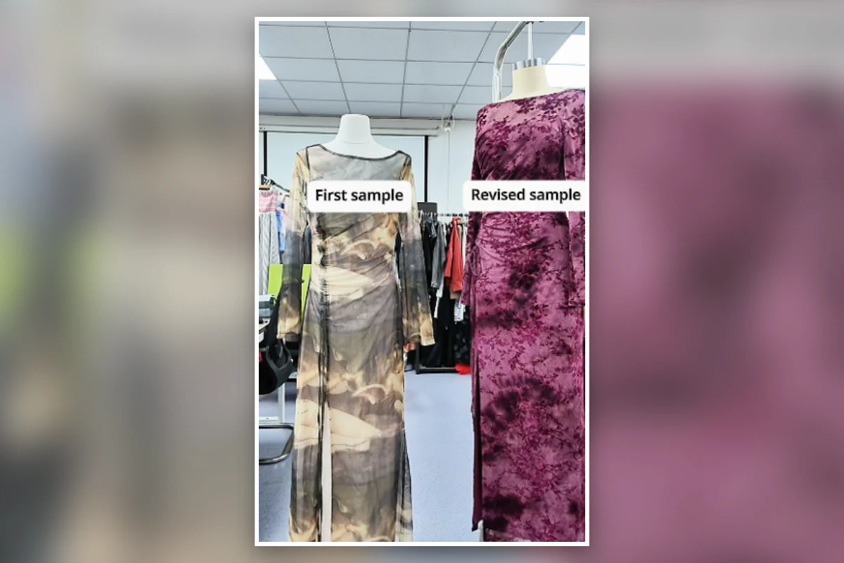 First and revised womenswear samples compared for silhouette and fit