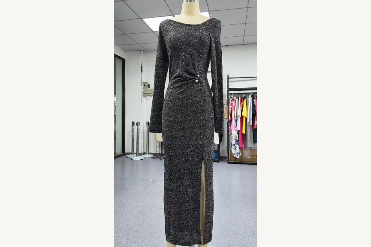 Fitted black long dress showing that dress length does not define dress fit