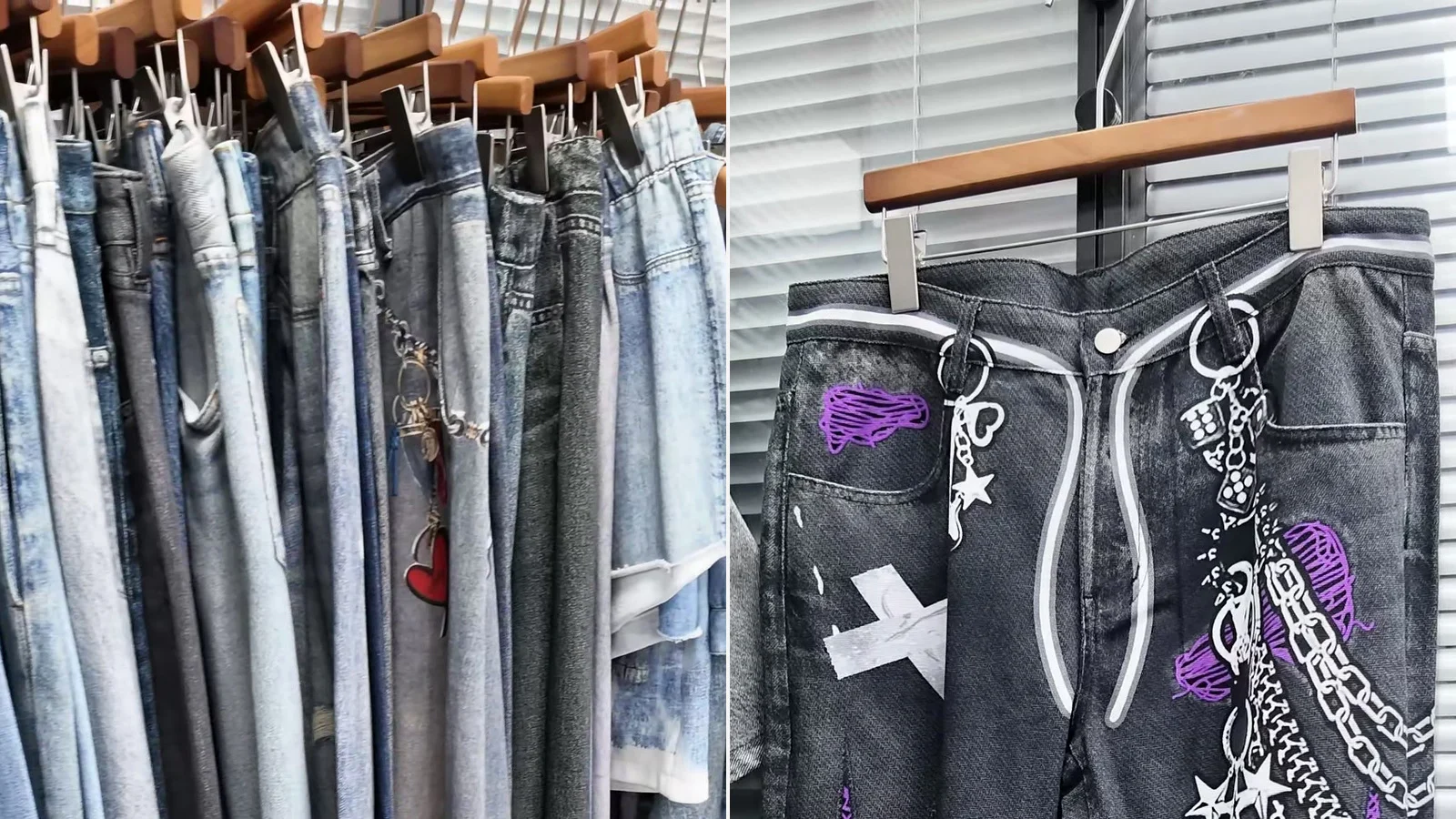 Rack of denim-look color samples and black trousers with purple printed graphics