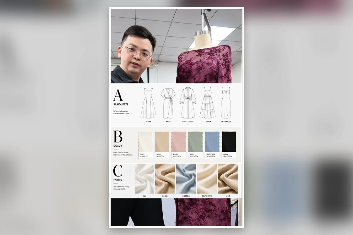 Shengfu sample developer with a board comparing silhouette colour and fabric choices