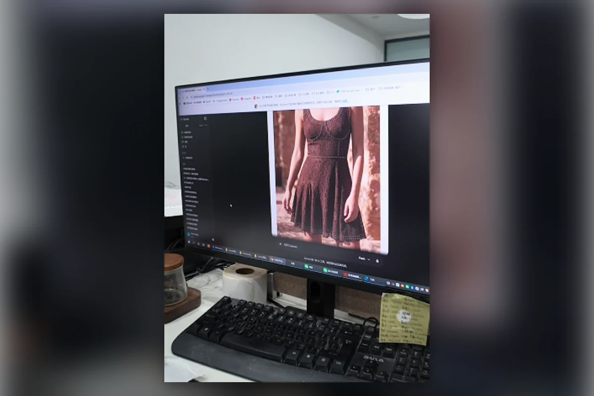 AI fashion design render displayed on a computer during garment development