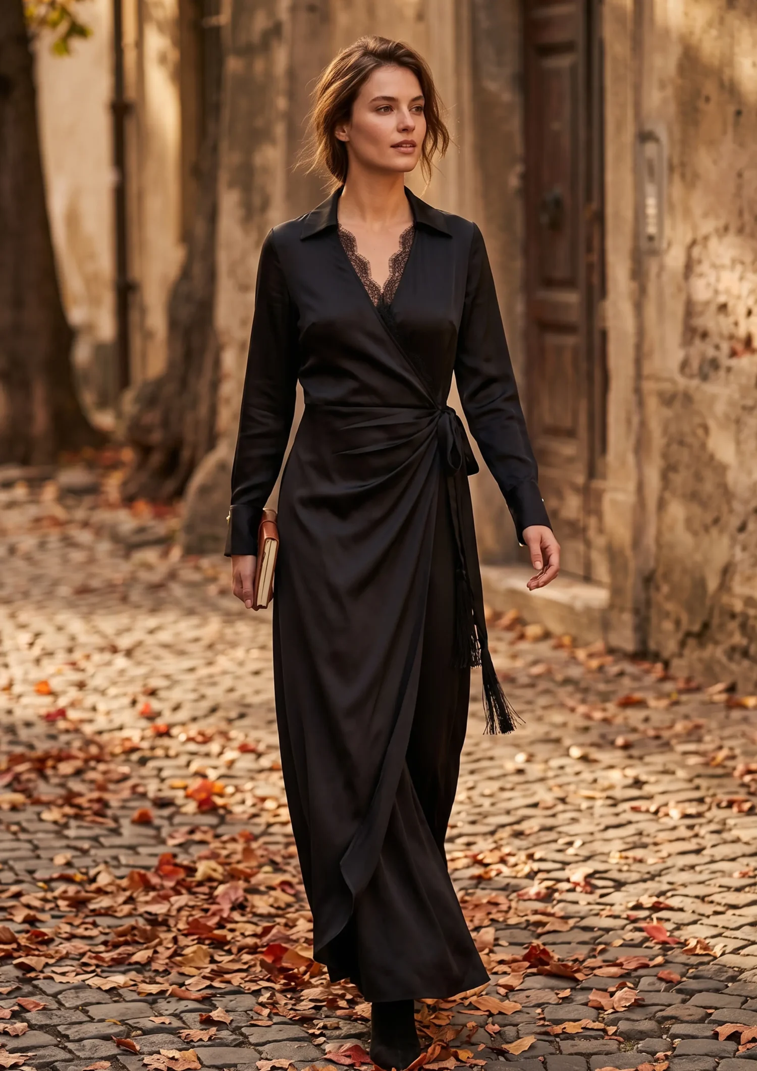 Black satin wrap maxi dress
