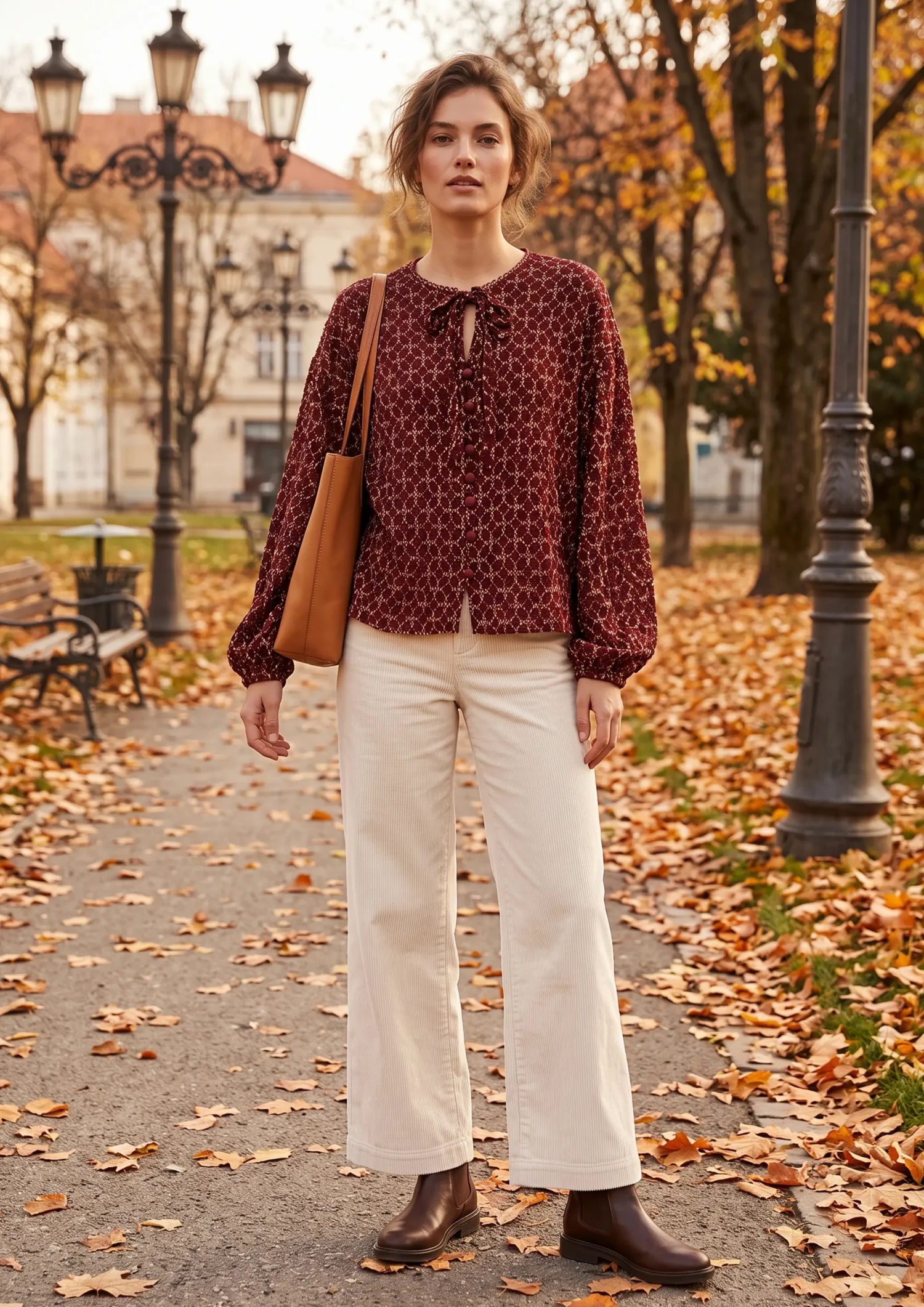 Burgundy tie neck button front blouse