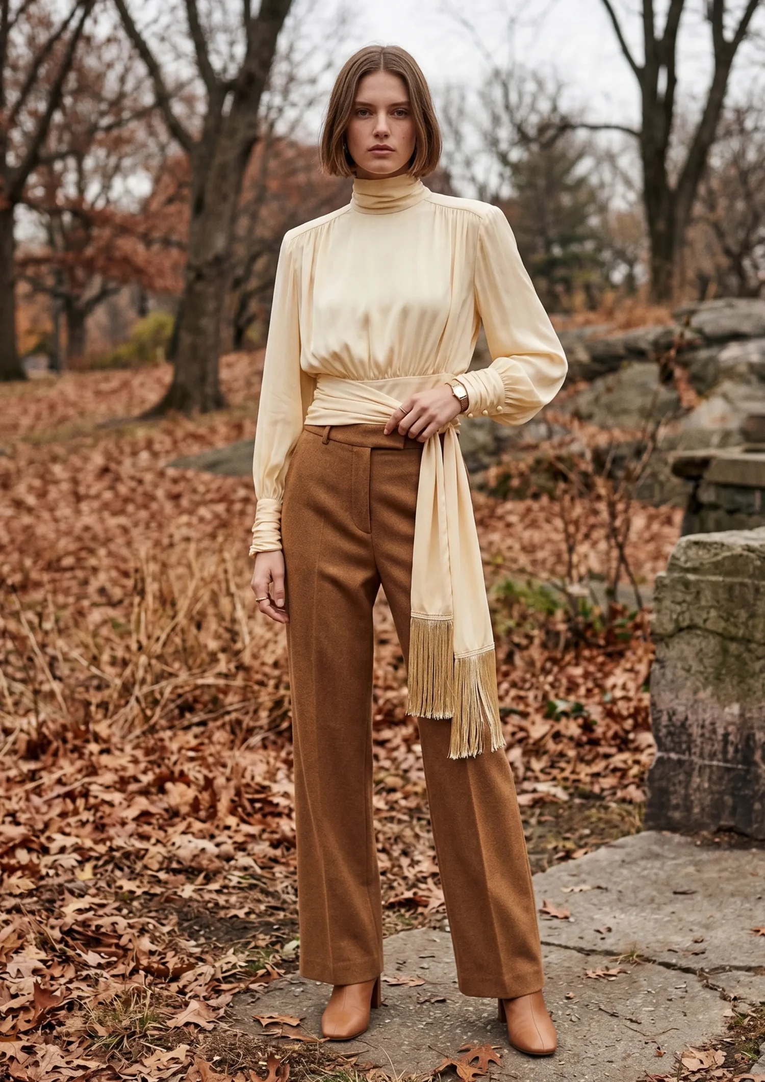 Cream high neck tie waist blouse