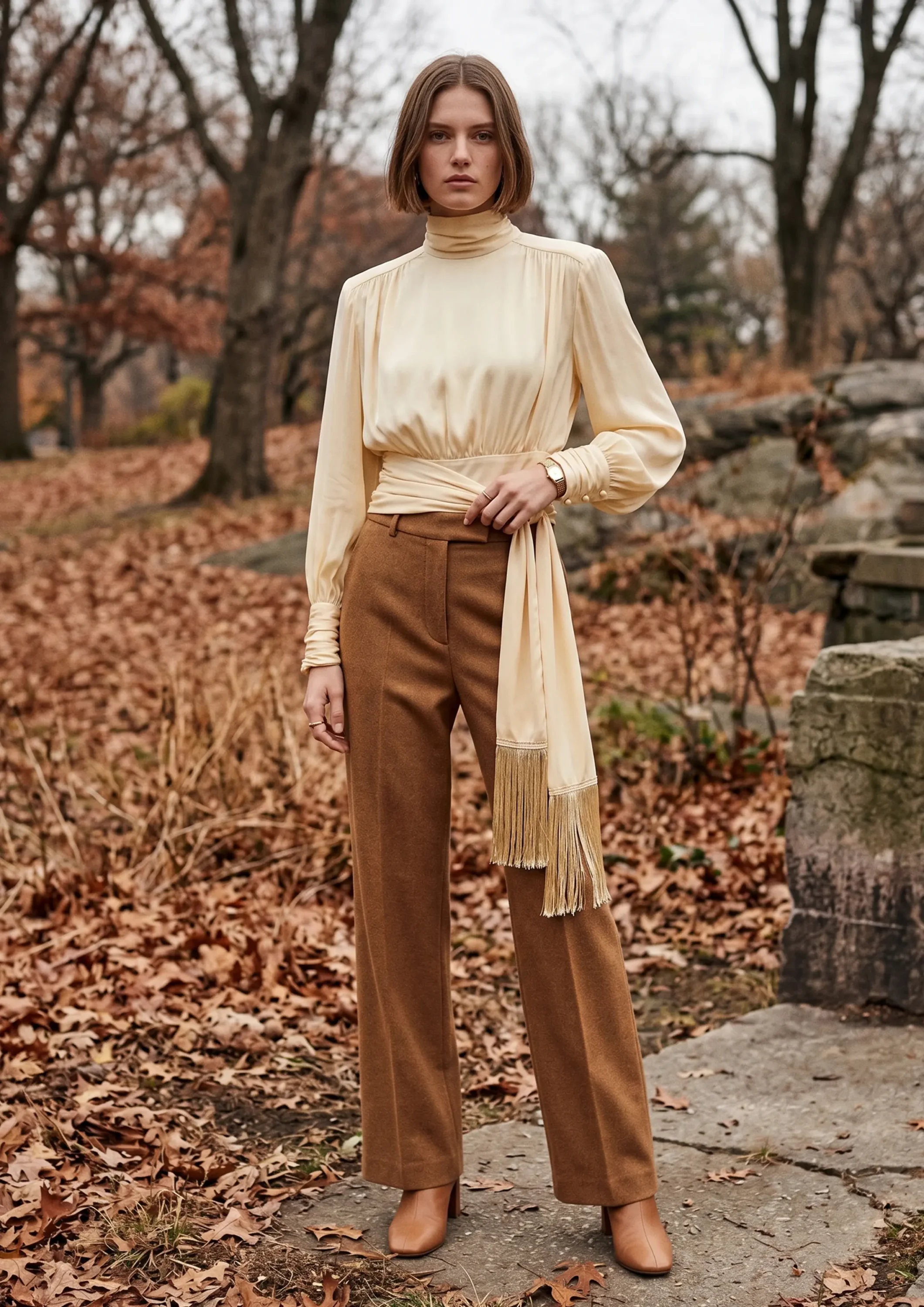 Cream High Neck Tie Waist Blouse