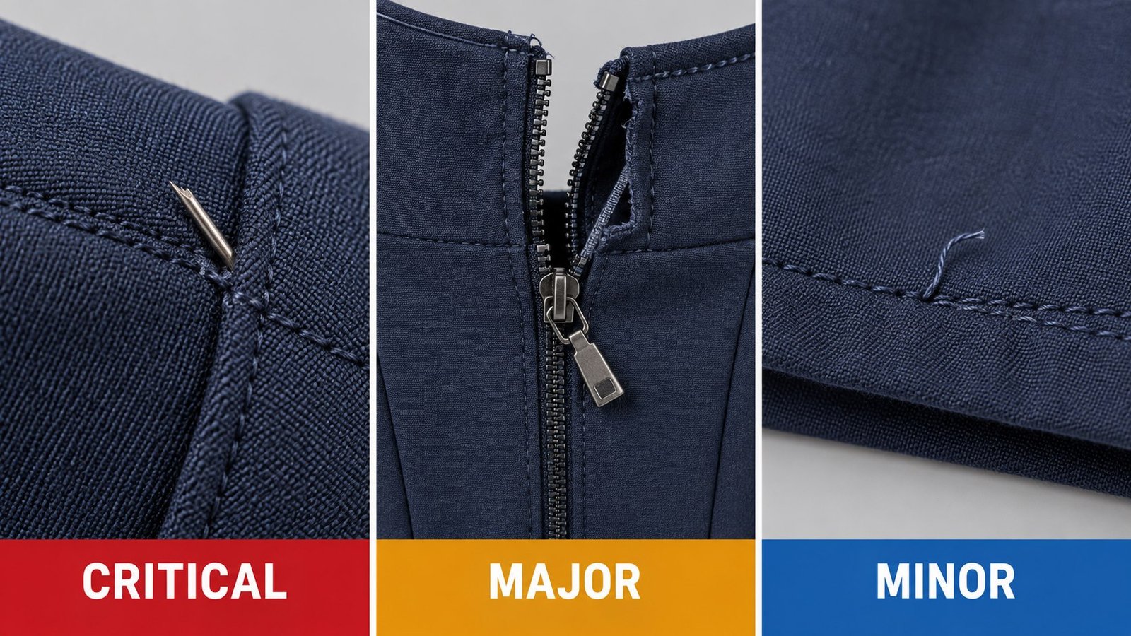 Illustrated examples of critical, major, and minor garment defects