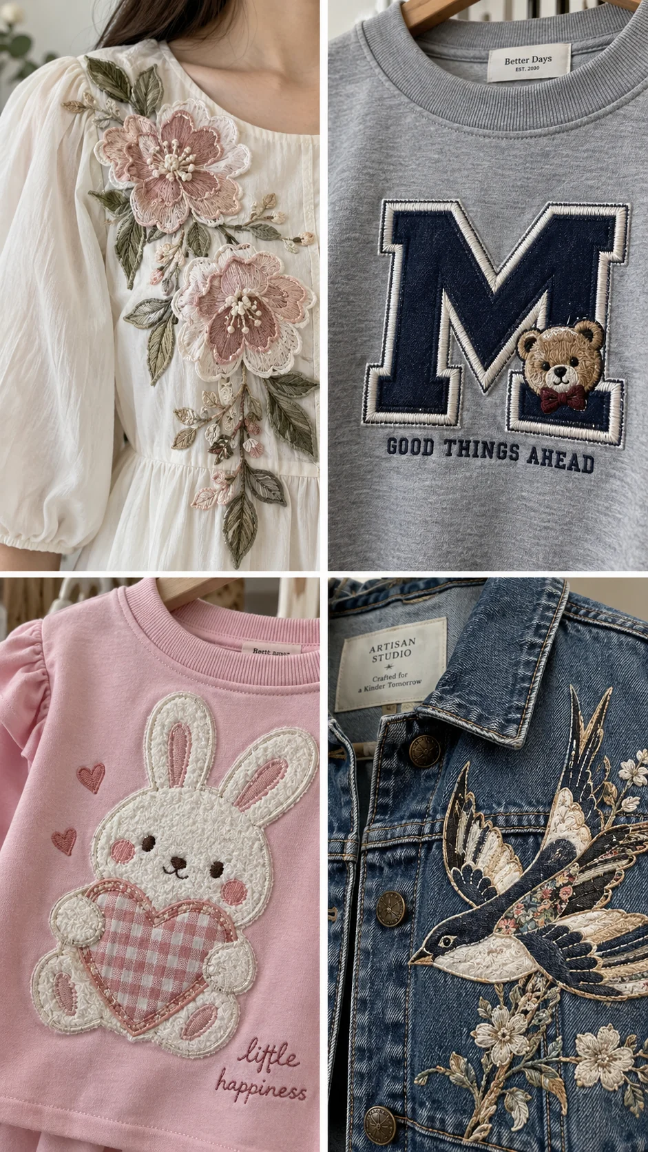 Illustrative collage of floral, letter and character motifs on clothing