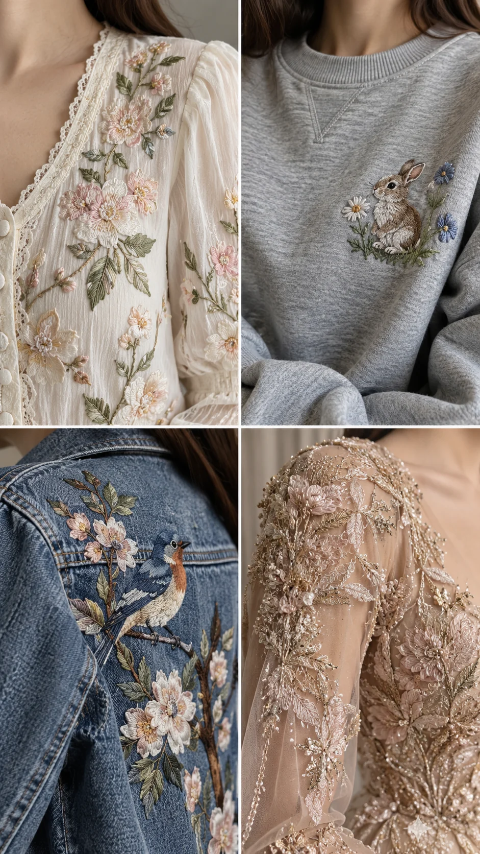 Illustrative floral decoration on shirts, knitwear and denim