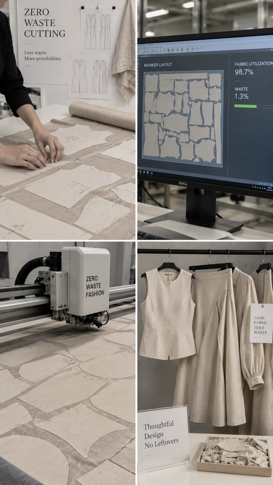 Illustrative collage of paper patterns, digital layout and dress construction