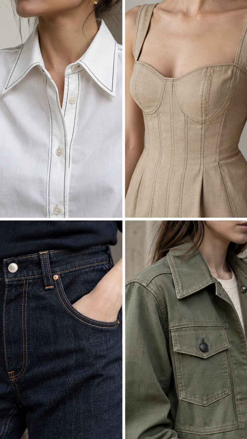 Illustrative collage of a white shirt, structured top, jeans and utility shirt