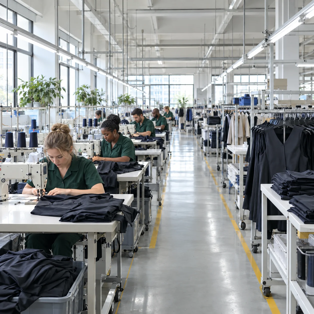 Garment factory workstations along a production aisle