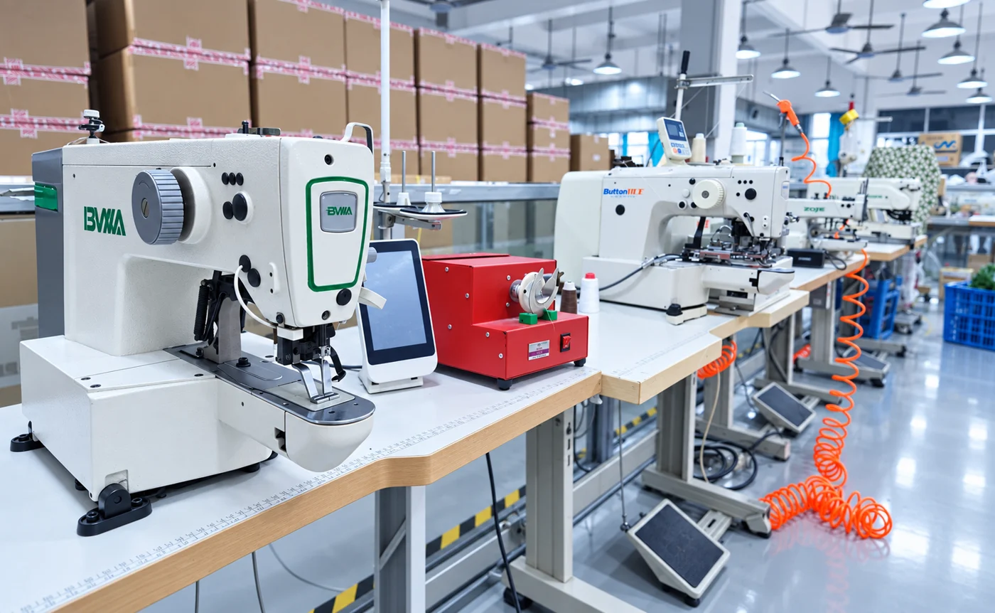 Rows of industrial sewing machines in a production area