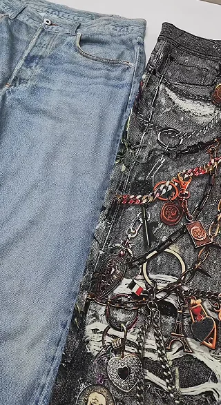 Two denim-style garments with different decorative surface treatments