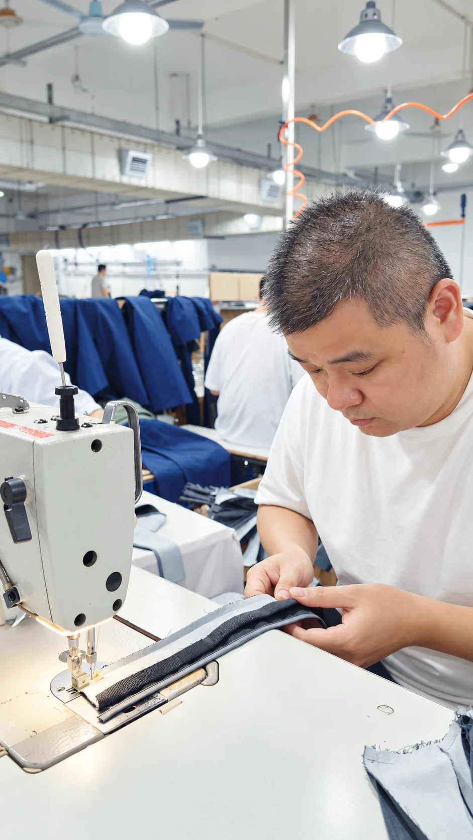 Worker guiding a light garment at a sewing machine