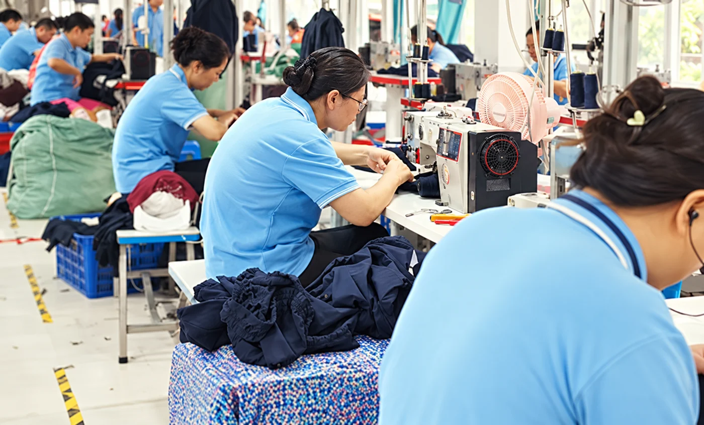 Workers sewing garments along a production line