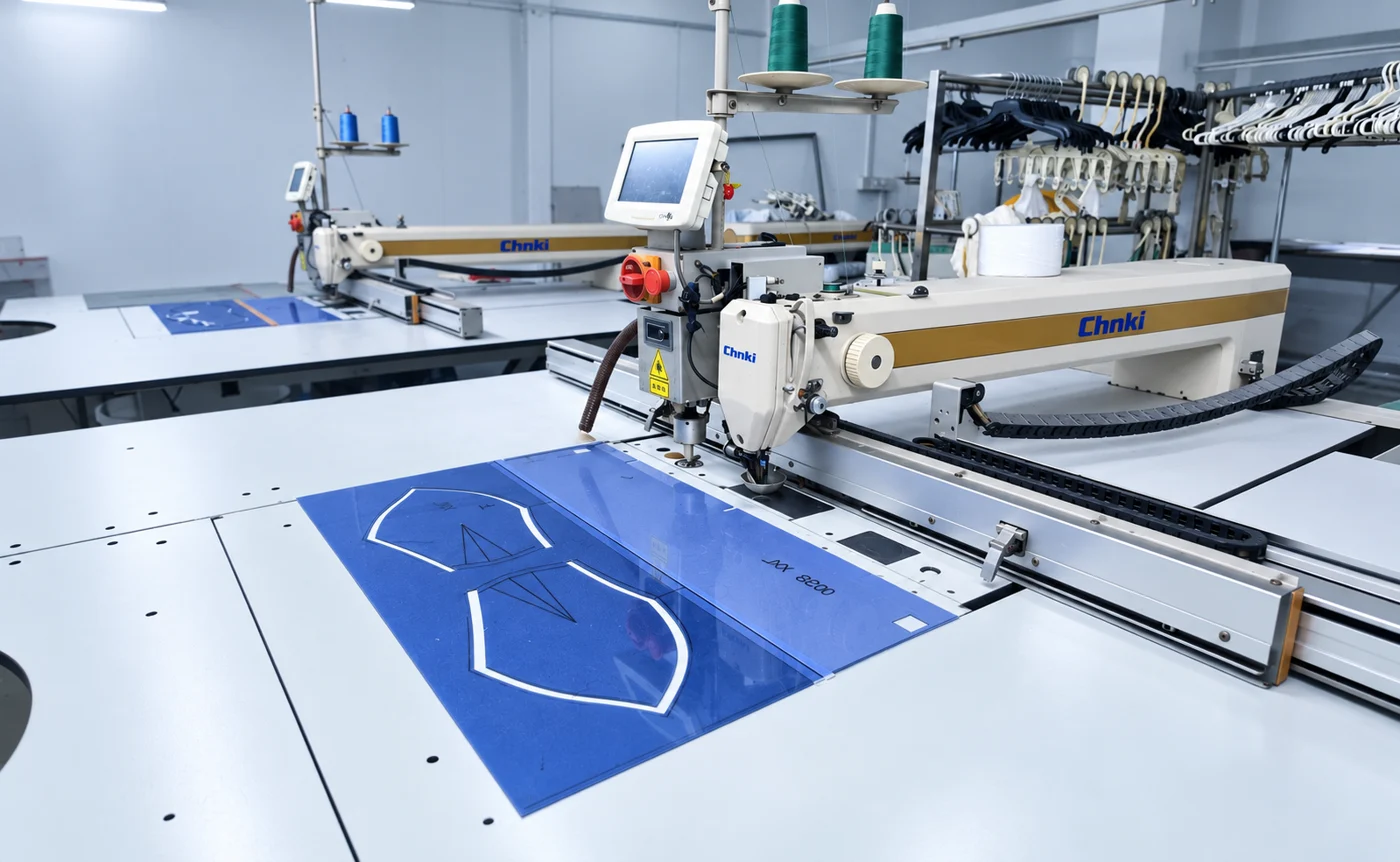 Automated cutting equipment with a blue garment outline