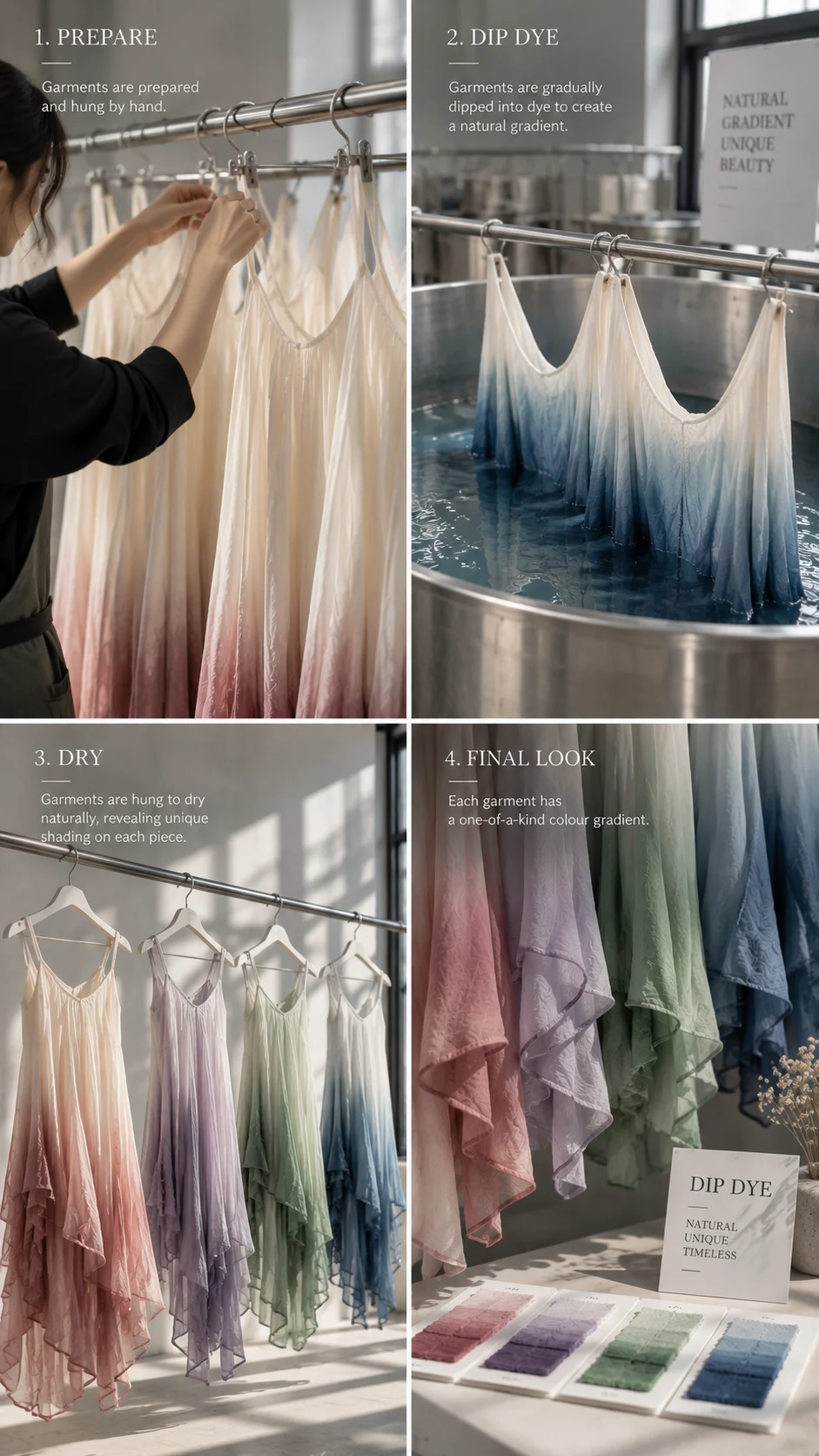 Illustrative collage of dresses on clothing racks