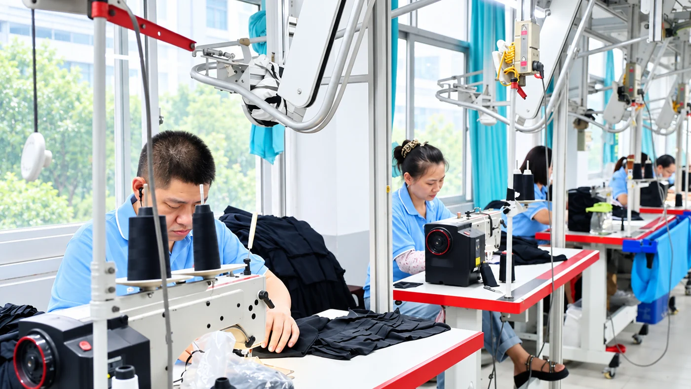 Workers sewing garments along a factory production line