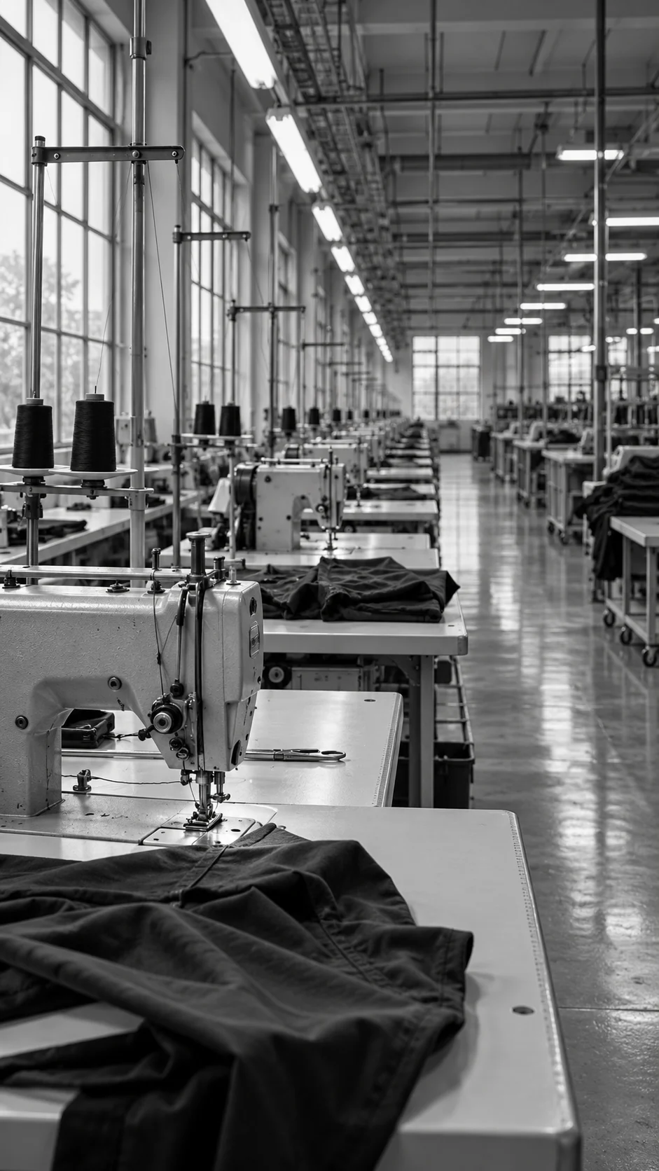 Black-and-white view of a garment production floor