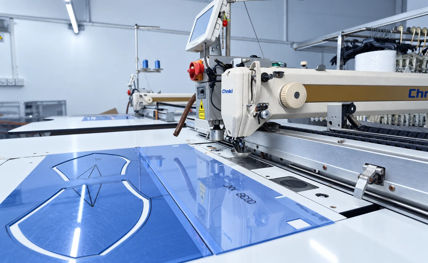 Automated garment cutting equipment with a blue pattern outline