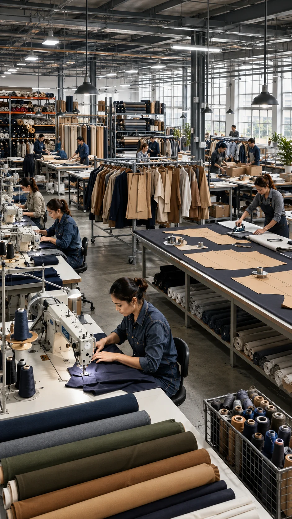 Production floor with worktables, clothing and fabric rolls