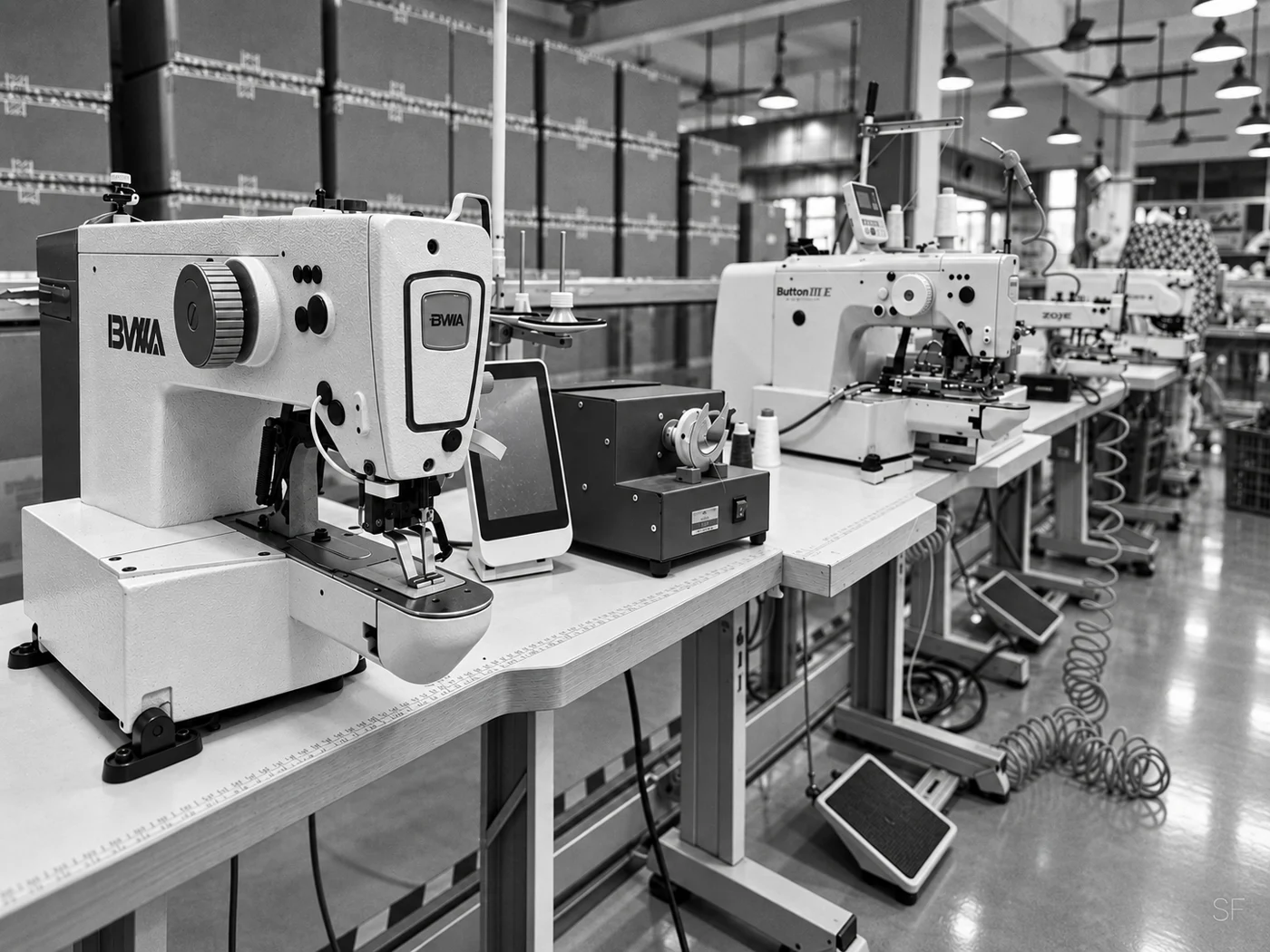 Black-and-white view of industrial sewing machines