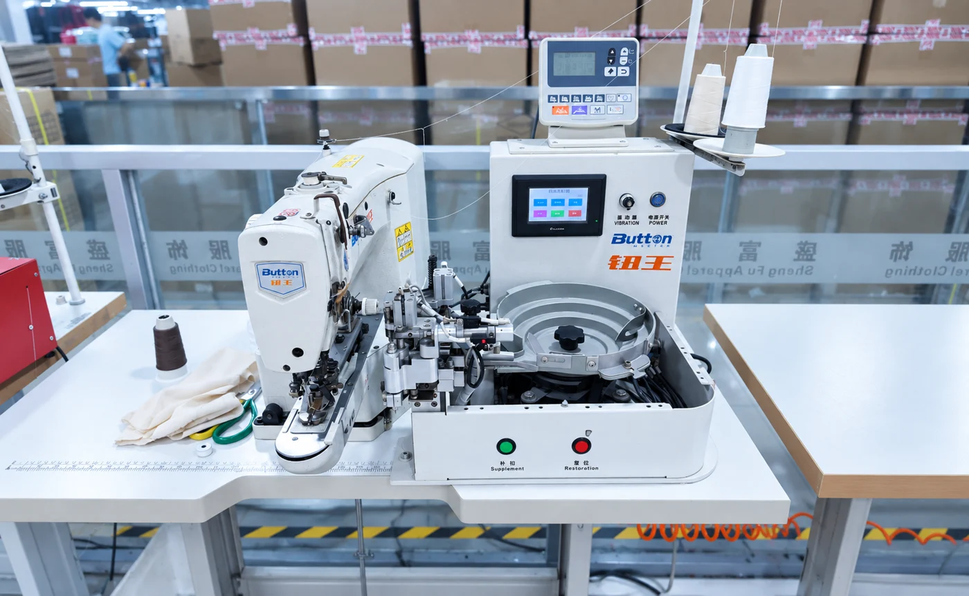 Industrial sewing equipment on a factory worktable