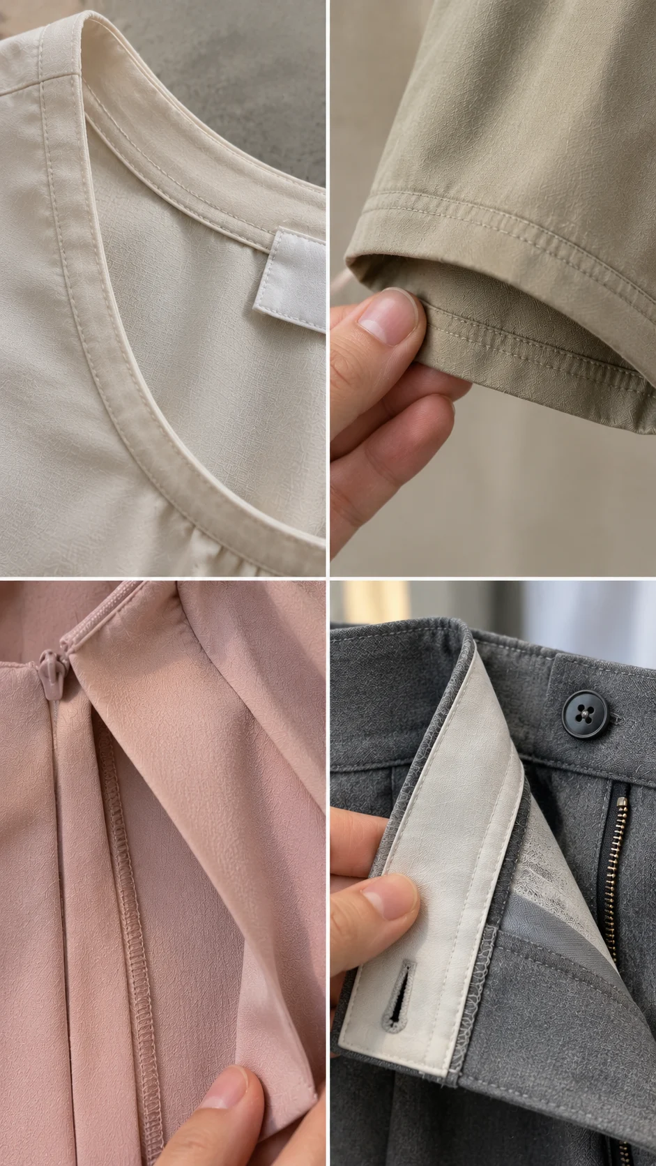 Illustrative collage of garment seams, collar and internal details