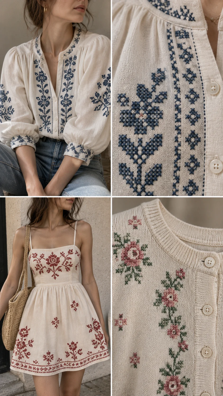 Illustrative collage of floral embroidery and garments