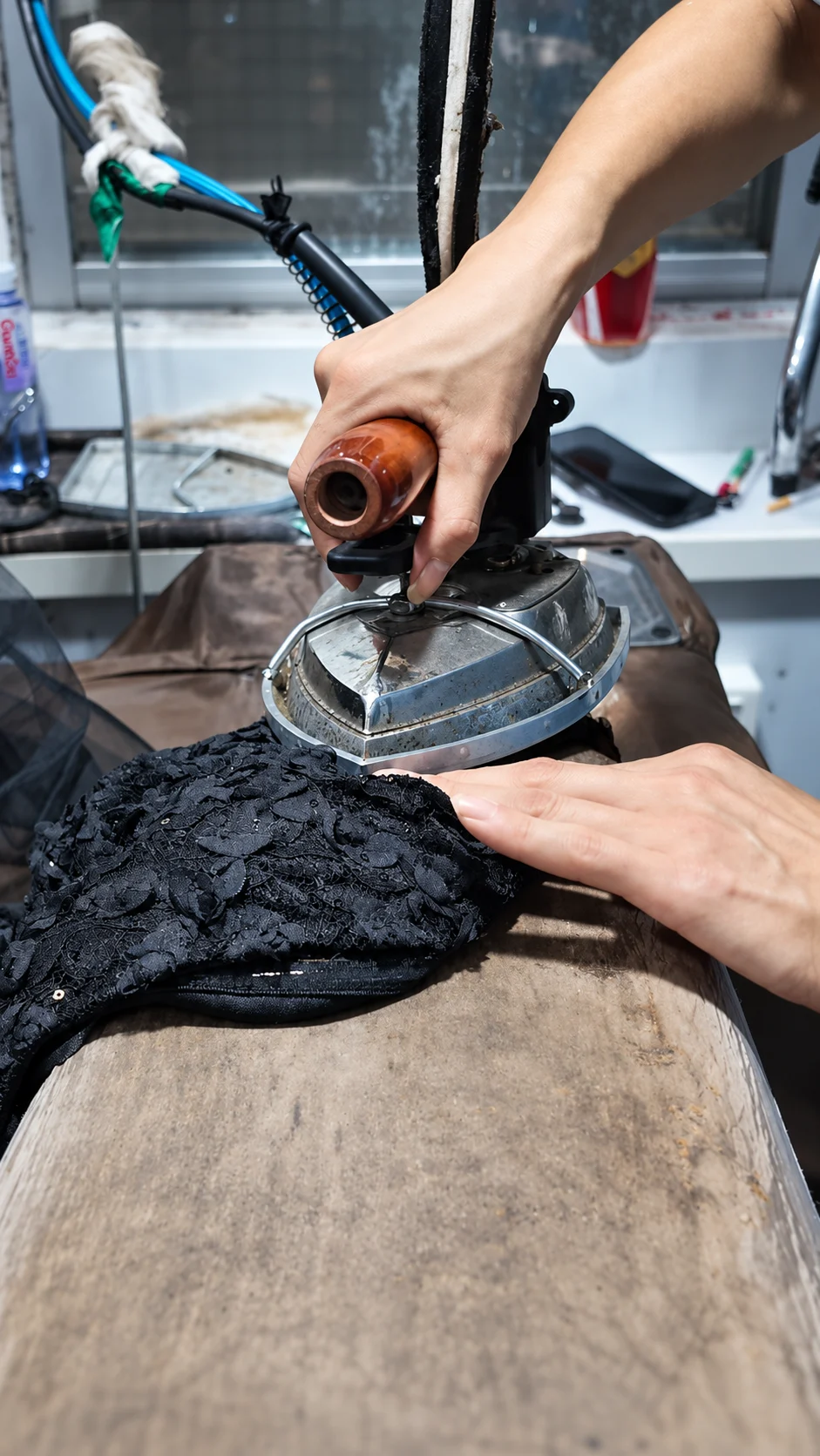 Worker pressing a dark garment at a worktable
