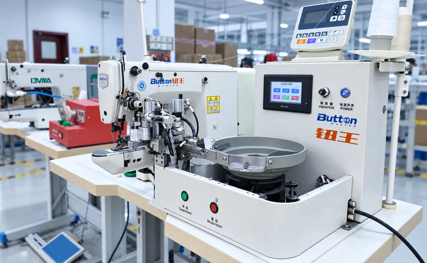 Industrial sewing equipment arranged in a production area