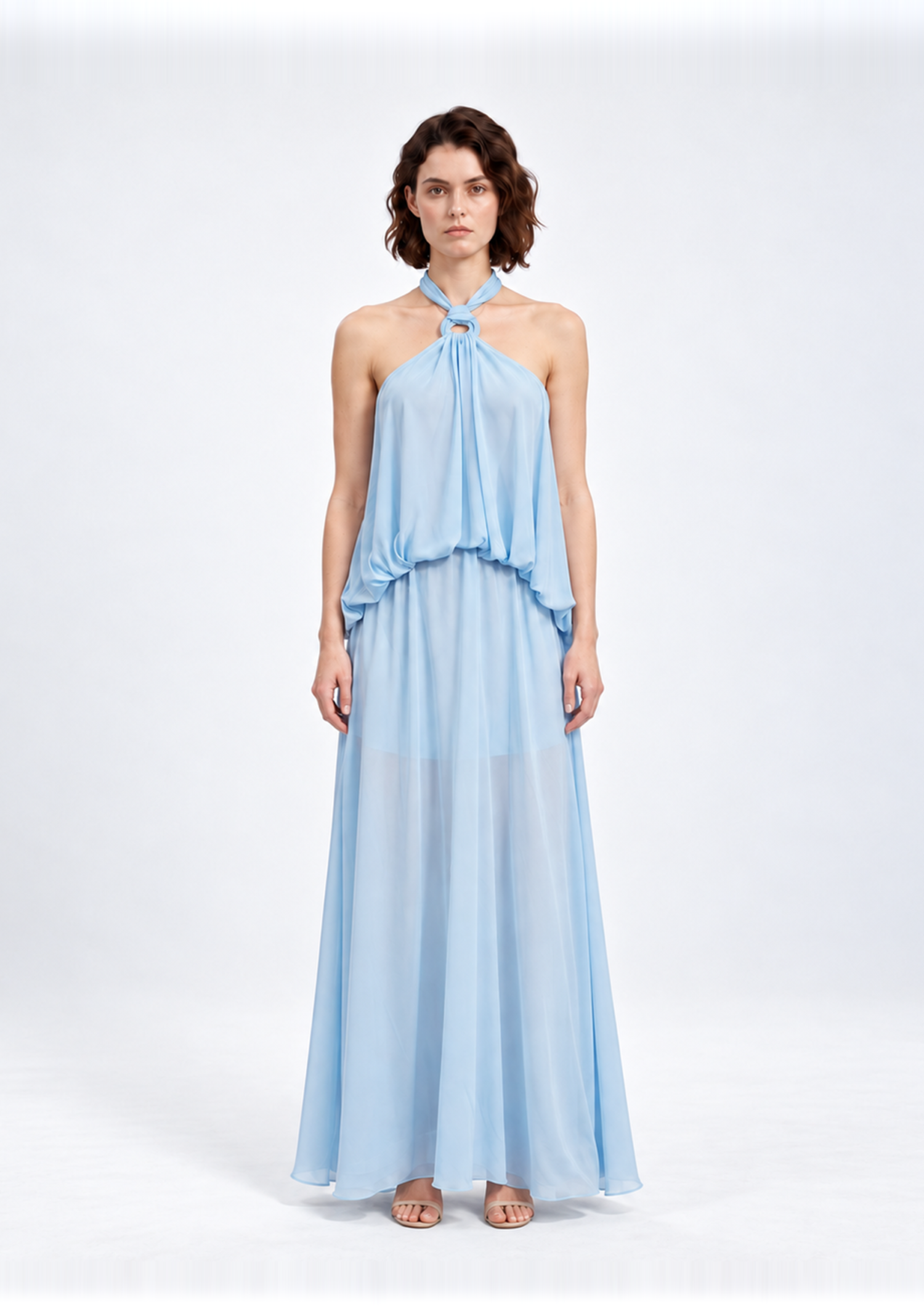 Front view of a blue halter maxi dress with a draped overlay, style 02-261026
