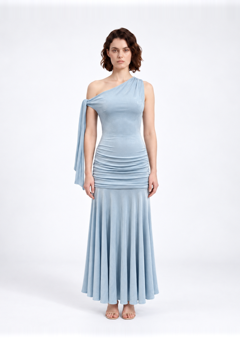 Blue One Shoulder Ruched Maxi Dress