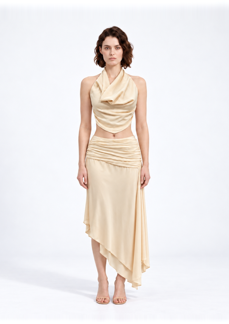 Champagne Draped Top and Asymmetric Skirt Set