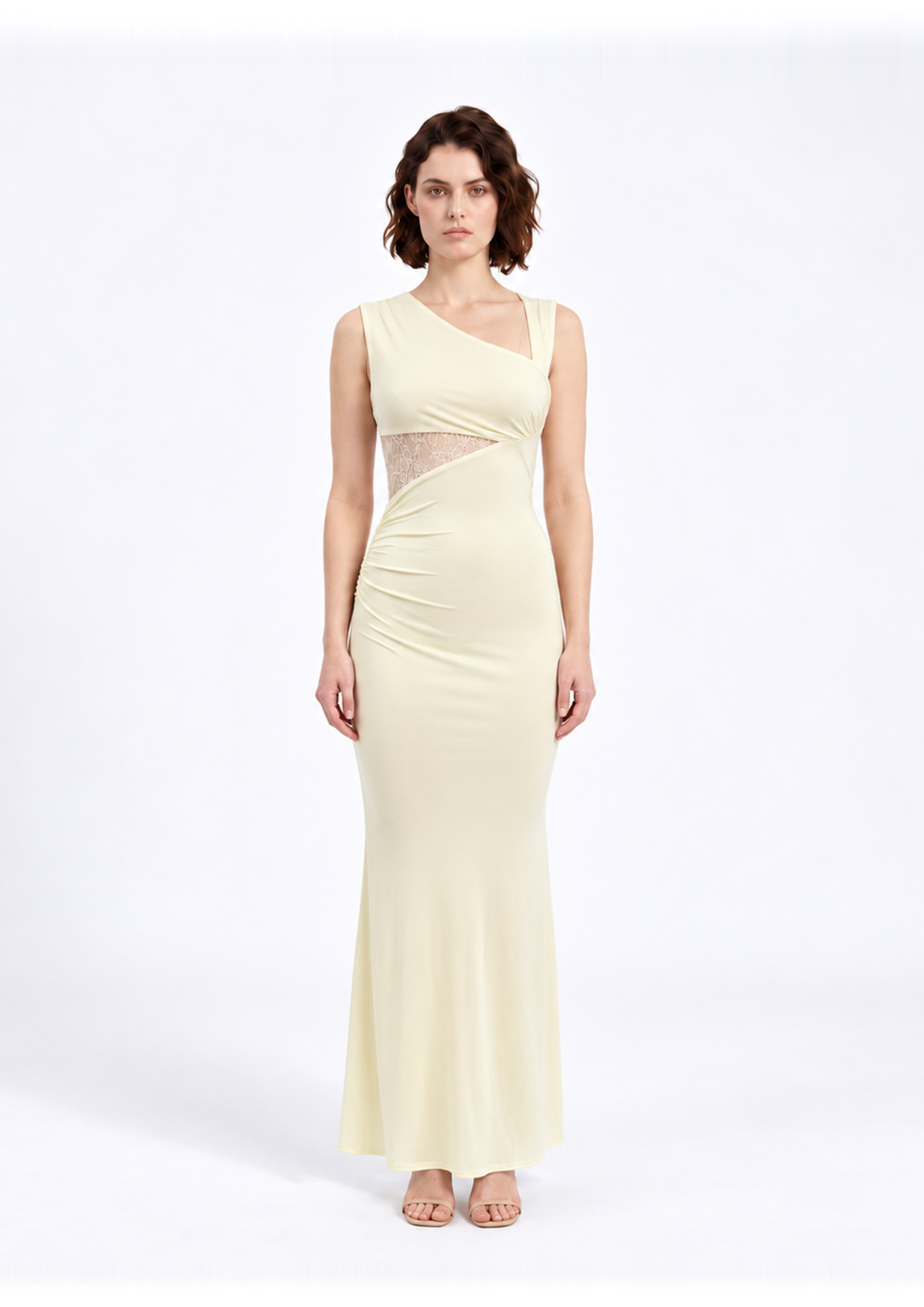 Ivory Asymmetric Mesh Waist Maxi Dress