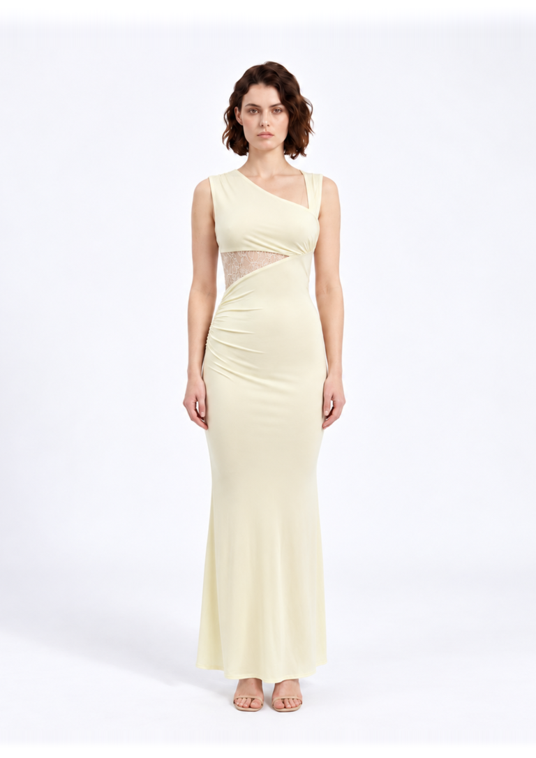 Ivory Asymmetric Mesh Waist Maxi Dress