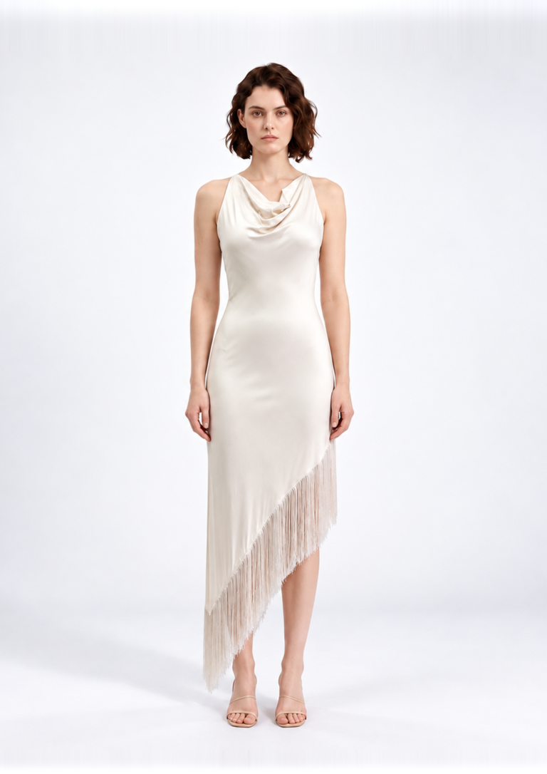 Ivory Cowl Neck Fringe Hem Dress