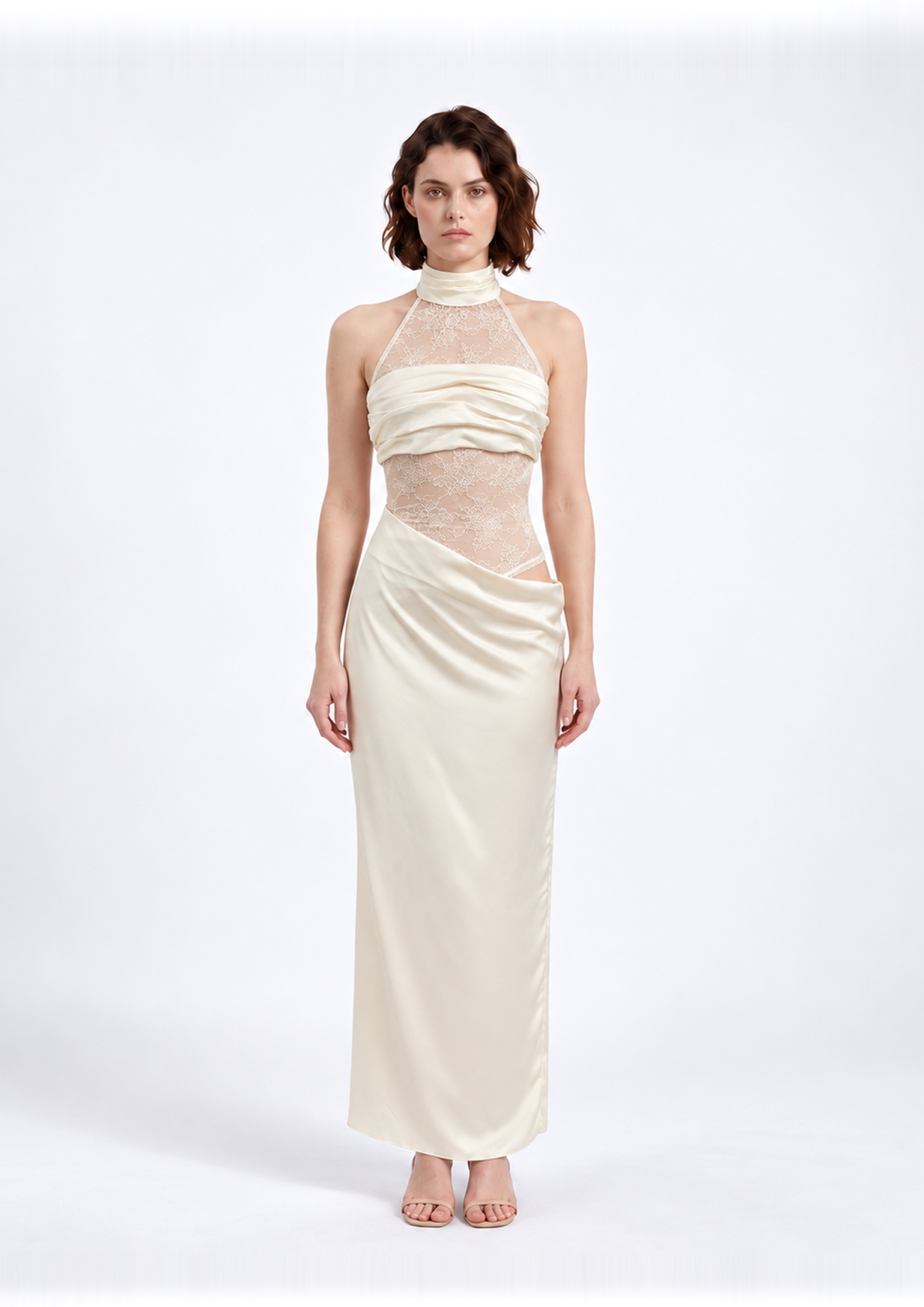 Ivory High Neck Mesh Panel Maxi Dress