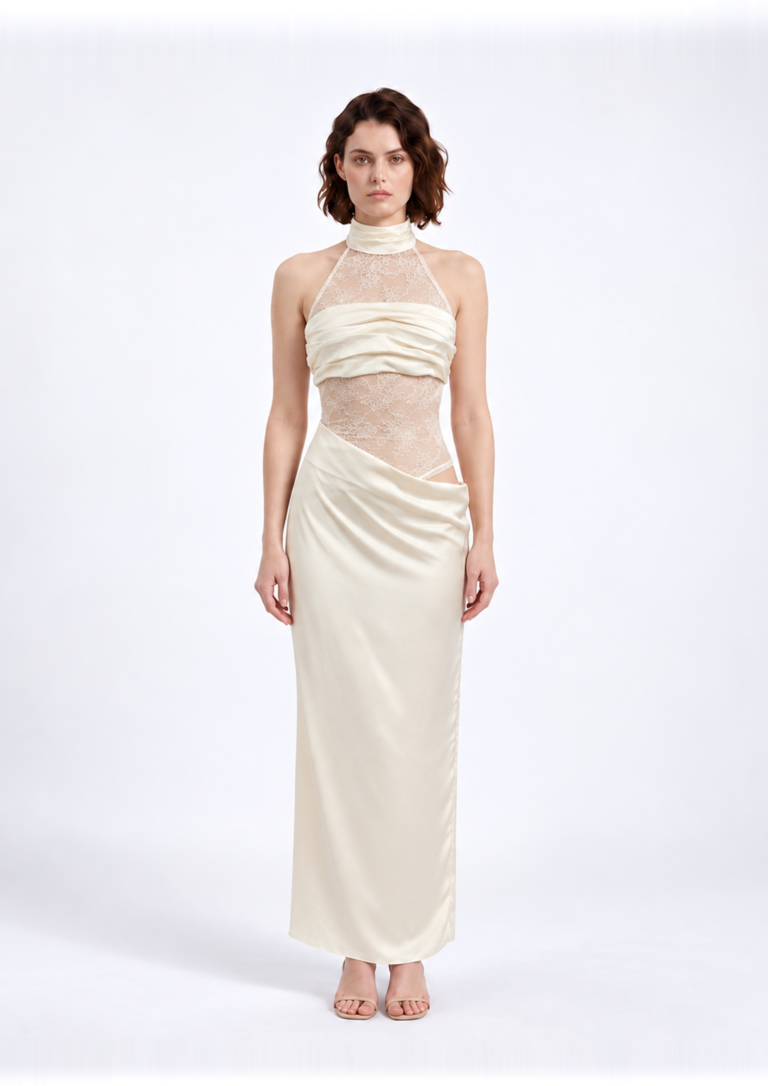 Ivory High Neck Mesh Panel Maxi Dress