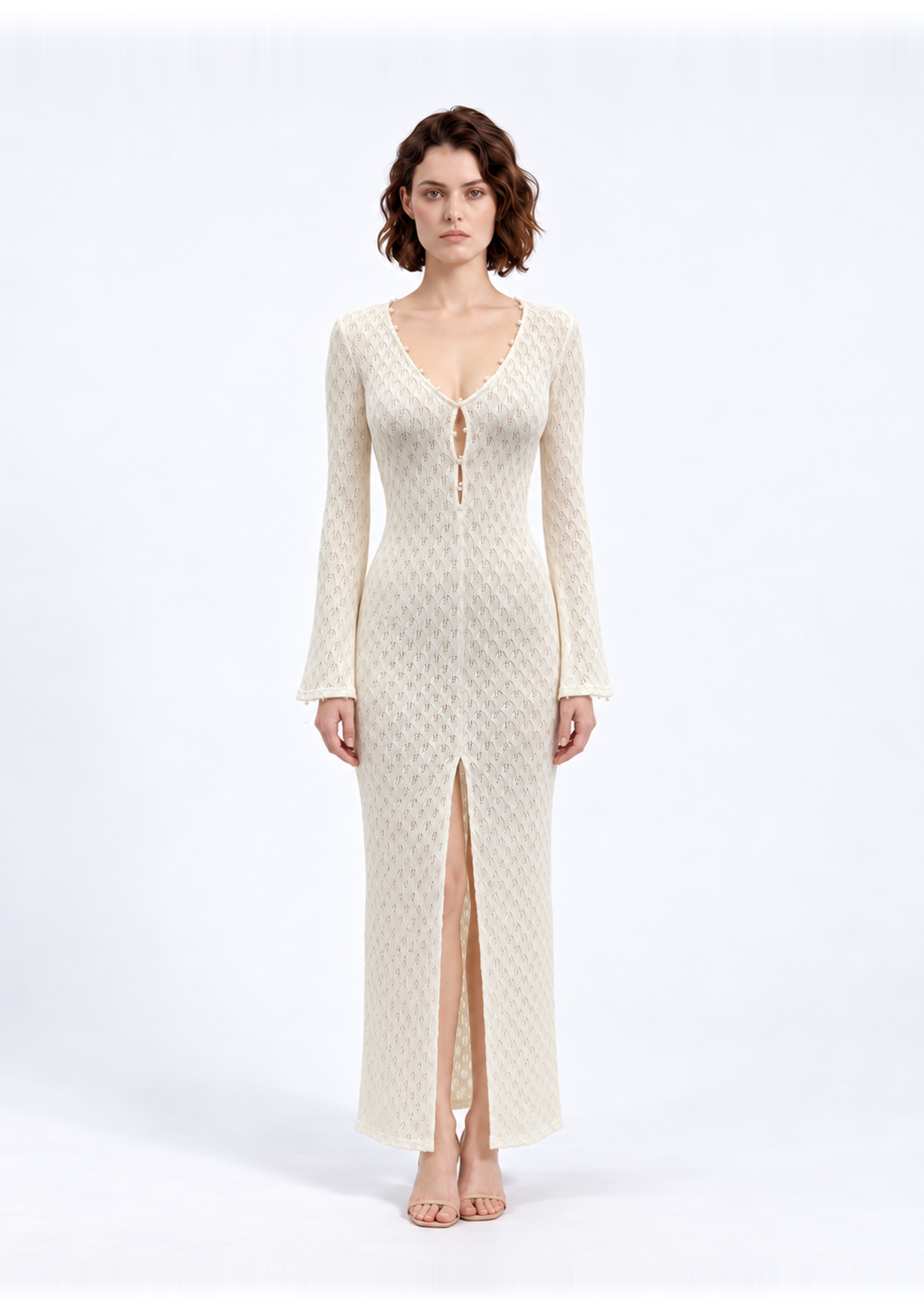 Ivory Openwork Long Sleeve Maxi Dress