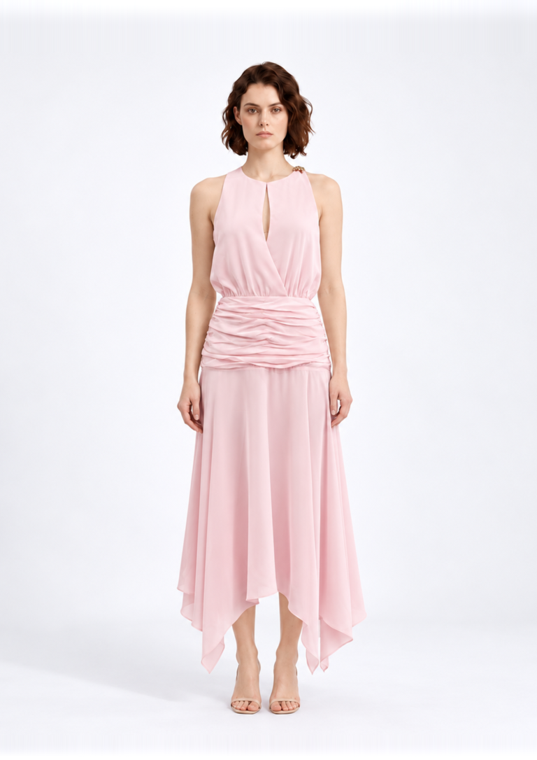 Pink Halter Ruched Waist Dress
