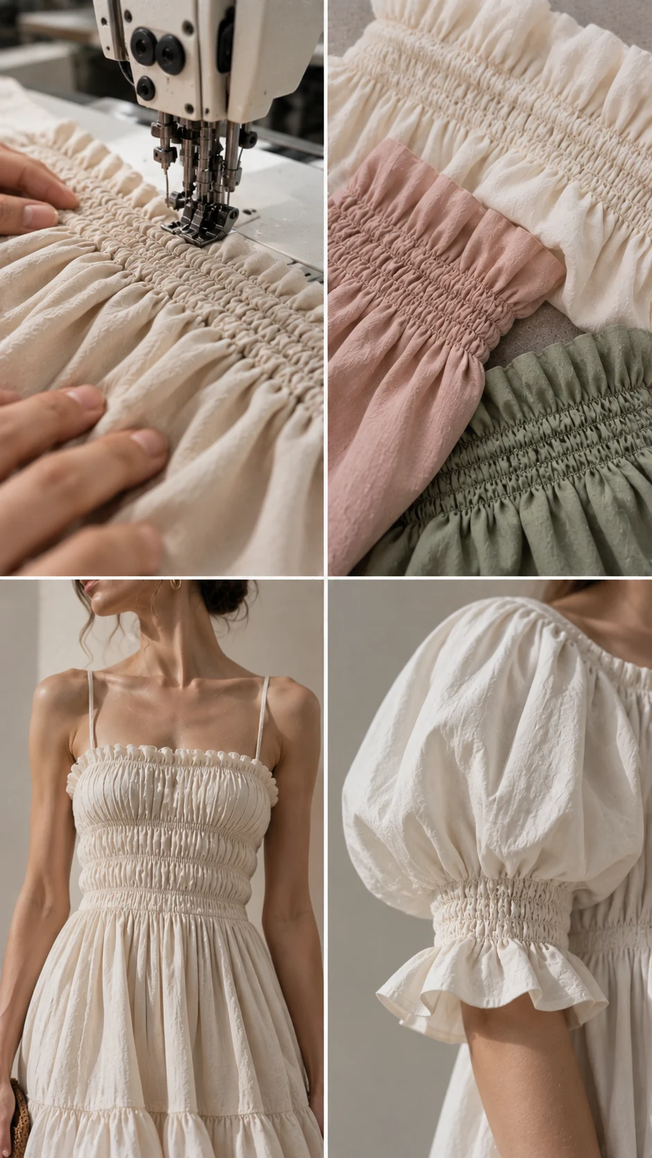 Illustrative collage of gathered stitching, textured bodice and gathered sleeve