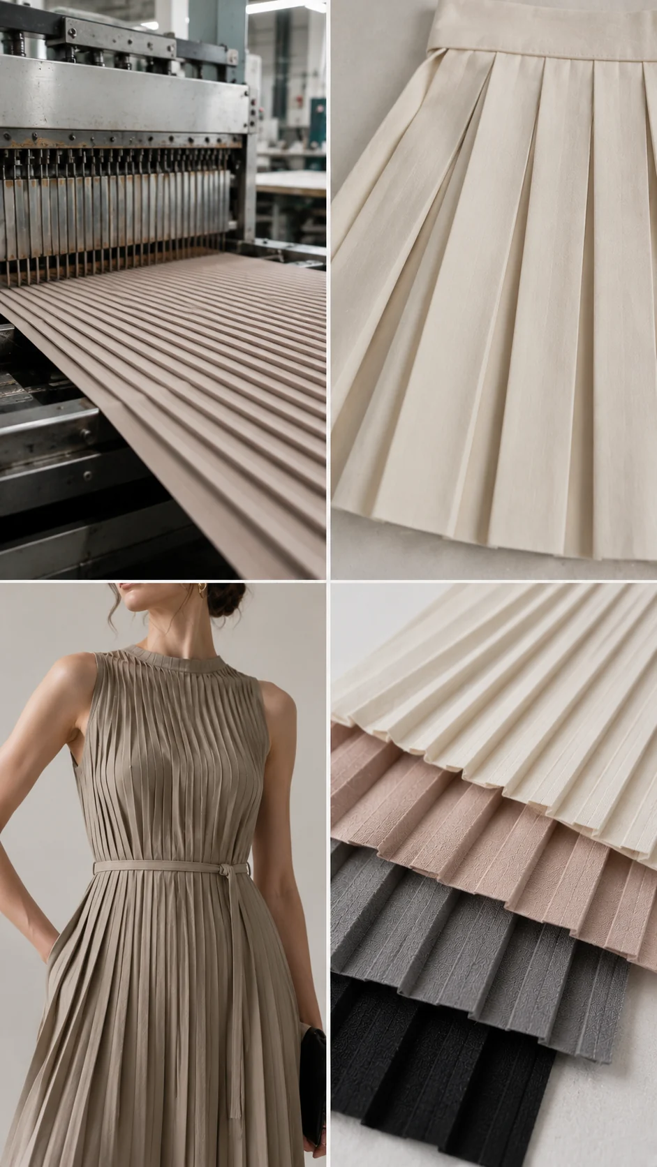 Illustrative collage of regular fabric folds and a pleated dress