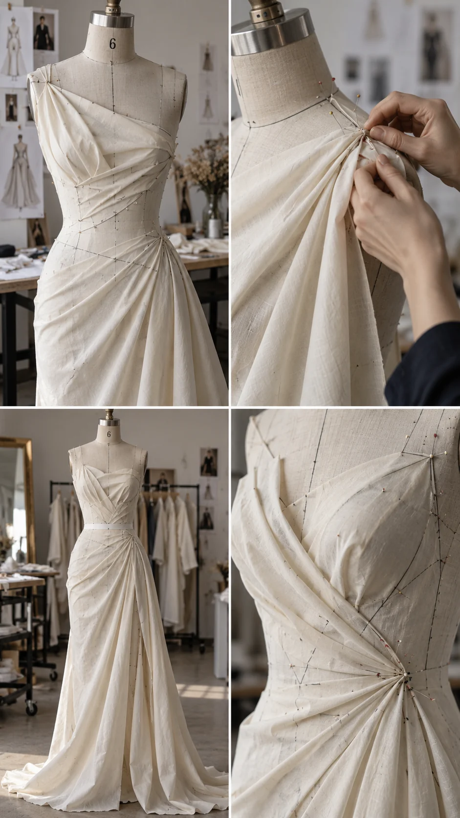 Illustrative collage of draped fabric on dress forms